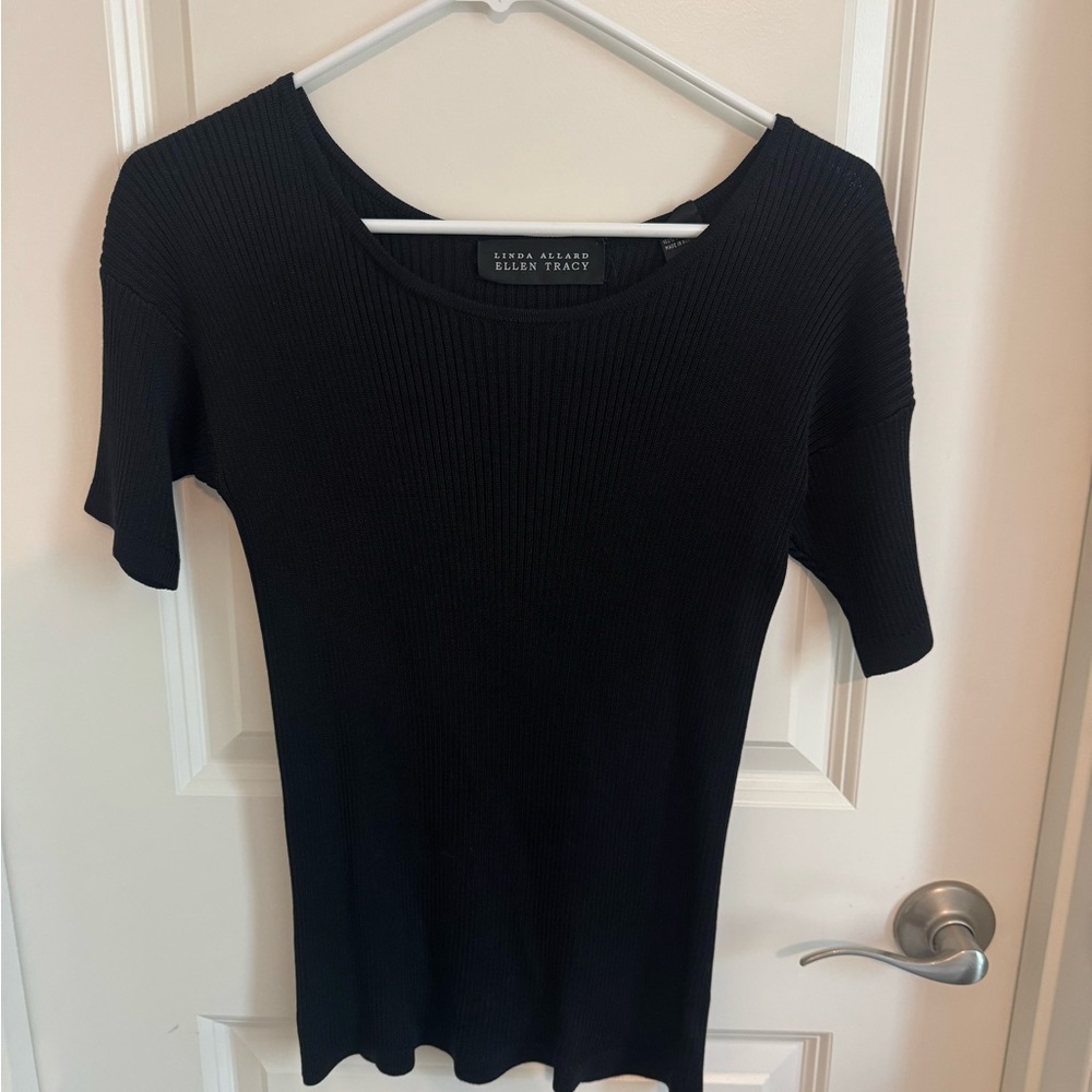Ellen Tracy Black Ribbed 100% Silk Knit Top
